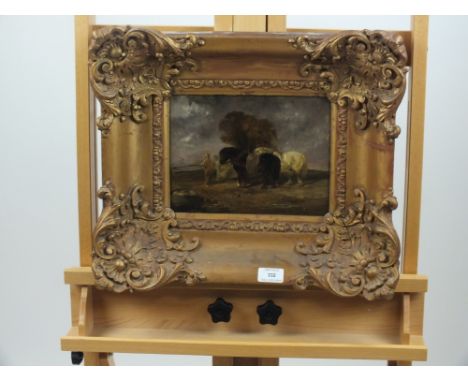 After William Shayer, Two ponies and a drover by a field gate, oil on  panel, 18 x 24cm