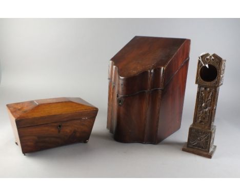 A George III mahogany serpentine front knife box now converted to a stationary box enclosing postcards, 23cm wide, an early 1