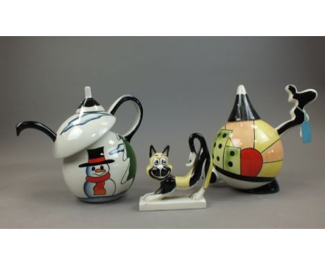 Three pieces of Lorna Bailey to include a teapot and cover decorated with a snowman, 21cm high, a further teapot and cover an