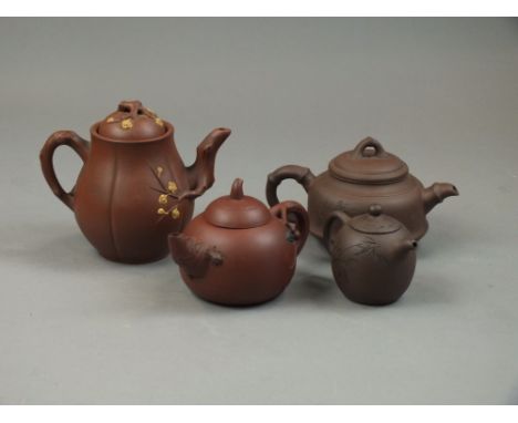 A Chinese Yixing teapot after Jiang Rong (1919-2008)20th CenturyOf compressed ovoid form, the spout moulded as a curled leaf 