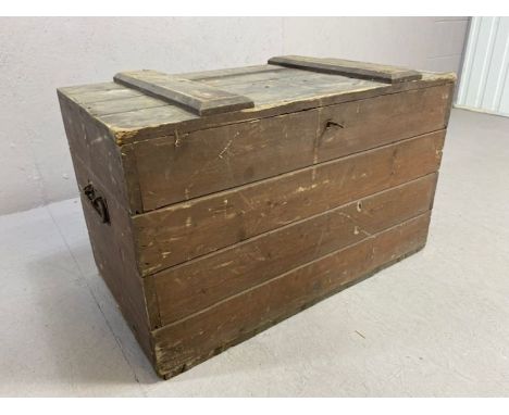 Antique pine wooden trunk with original key, with metal carrying handles to either end, approx 91cm x 50cm x 56cm 