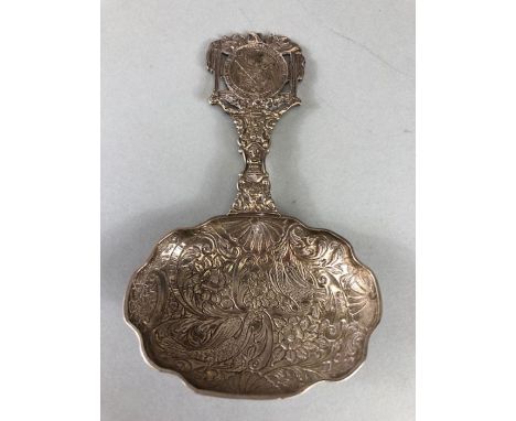 Silver hallmarked ornate (possibly caddy) spoon the handle set with a Silver coin hallmarked for London by maker SR/ SH 