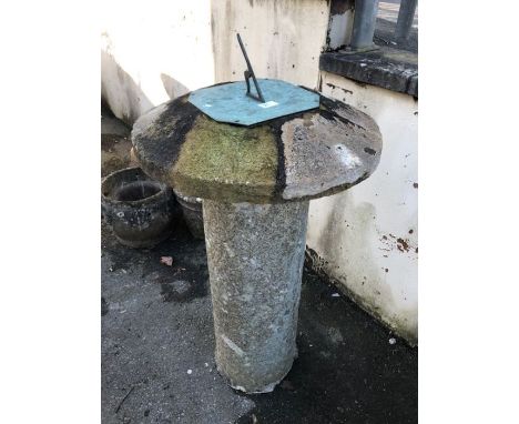Tall marble pillar with staddle stone top, with sundial affixed.  Total height approx 110cm 