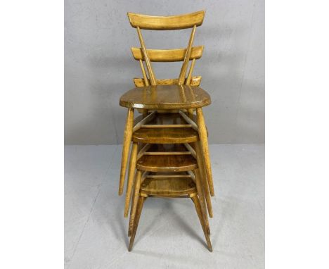Set of four early Ercol tapered, stick back stacking chairs