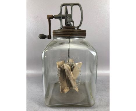 No 9 Quarts blow butter churn 90: glass vintage manual butter churner with wooden blades and mechanical winder 