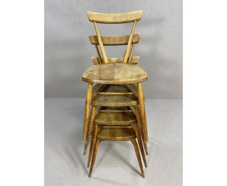 Set of four early Ercol tapered, stick back stacking chairs