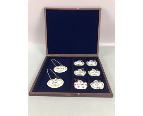 Collection of eight enamel decanter or bottle tags: Brandy x 2, Port x 2, Sherry x 2, Scotch and Gin, by makers Coalport, Roy