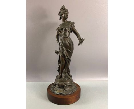 Bronze sculpture of a girl with plaque "Mistletoe" signed Ant. Nelson approx 46cm tall + wooden base  