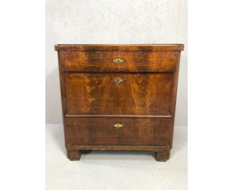 Antique chest of drawers, top drawer with fall front to writing desk, decorated with inlay (A/F)
