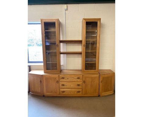 Modern light wood Elm Ercol Windsor sideboard with two cupboards and three drawers and two matching display cabinets over wit