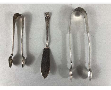 Silver flatware to include Silver hallmarked sugar nips one Georgian  *2 and a silver fish fork approx 61g