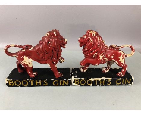 Pair of Booths Gin Red rampant lion advertising ceramic figurines each approx 15cm tall