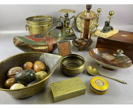 Collection of curios to include marble eggs, brass items, wooden duck, bobbin, picture frame etc