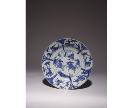 A CHINESE BLUE AND WHITE 'YANG JIA JIANG' BASIN KANGXI 1662-1722 Painted with a central medallion containing warriors and fig