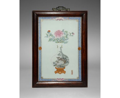 A CHINESE FAMILLE ROSE RECTANGULAR PLAQUE REPUBLIC PERIOD Delicately painted with a vase of peony flowers after Castiglione, 