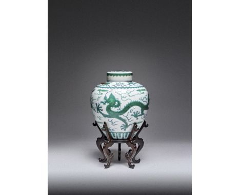 A FINE CHINESE IMPERIAL GREEN-ENAMELLED 'DRAGON' JAR AND COVER SIX CHARACTER QIANLONG MARK AND OF THE PERIOD 1736-95 The ovoi