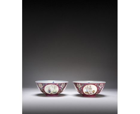 A PAIR OF CHINESE FAMILLE ROSE RUBY-GROUND 'LANTERNS' MEDALLION BOWLS SIX CHARACTER DAOGUANG MARKS AND OF THE PERIOD 1821-50 