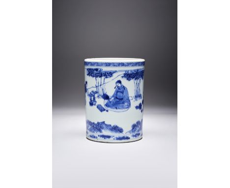A GOOD CHINESE BLUE AND WHITE 'SCHOLAR' BRUSHPOT, BITONG KANGXI 1662-1722 The cylindrical body painted in inky cobalt-blue wi