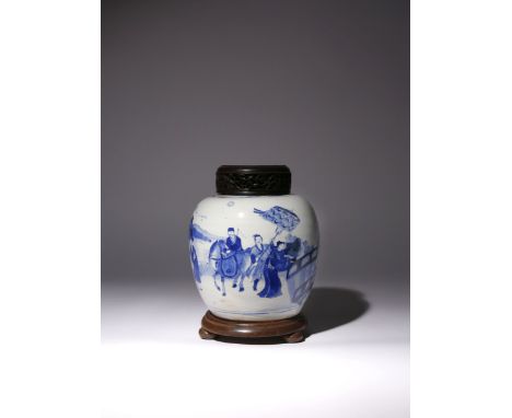 A CHINESE BLUE AND WHITE OVOID VASE KANGXI 1662-1722 Brightly painted in light and dark tones with Guanyin blessing a supplic