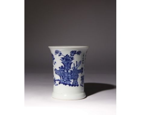 A CHINESE BLUE AND WHITE 'ANTIQUES' BRUSHPOT, BITONG KANGXI 1662-1722 The waisted cylindrical body flaring towards the mouth,