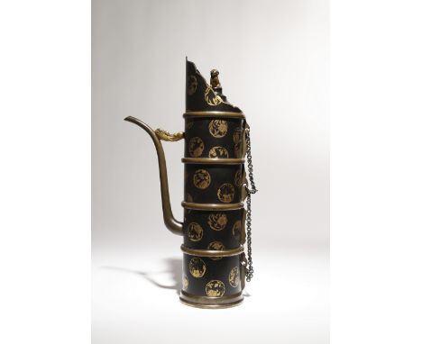 A RARE TIBETAN-STYLE GILT AND BLACK LACQUER EWER AND COVER, DUOMUHU 18TH CENTURY The tall cylindrical body set with a slender