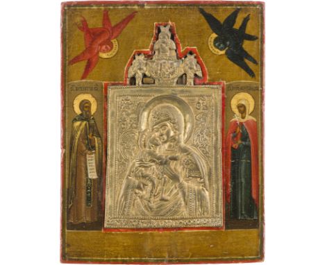BRONZE-IKONE MIT DER GOTTESMUTTER FEODOROWSKAJA FLANKIERT VON DEN HEILIGEN SERGEJ VON RADONESCH UND ALEXANDRA Russland, 19. J