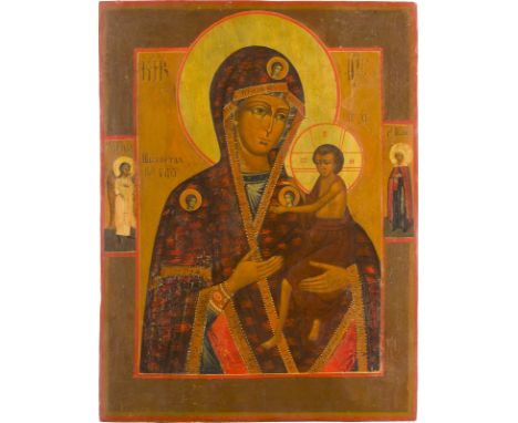 GROSSFORMATIGE IKONE MIT DER GOTTESMUTTER 'O VSEPETAJA MATI' (OH DU VON ALLEN GEPRIESENE MUTTER) Russland, 19./20. Jh. Verbun