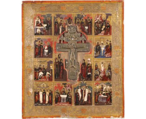 STAUROTHEK-IKONE MIT DER KREUZIGUNG CHRISTI UND ZWÖLF HOCHFESTEN Russland, um 1875 Laubholz-Tafel mit zwei Rückseiten-Sponki 