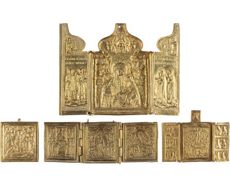 SAMMLUNG VON VIER BRONZE-IKONEN MIT DARSTELLUNGEN CHRISTI UND DER GOTTESMUTTER Russland, 18./19. Jh. Bronze, reliefiert gegos