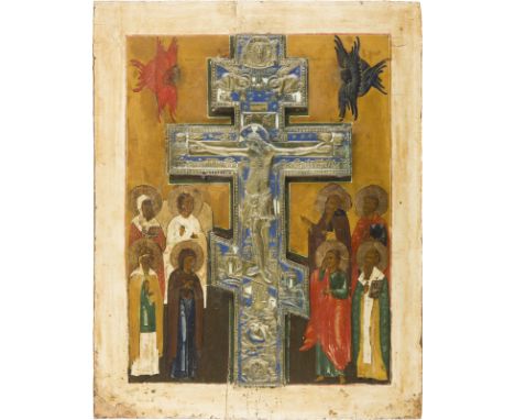 GROSSE STAUROTHEK MIT DER KREUZIGUNG UND HEILIGEN Russland, 19. Jh. Verbund zweier Bretter mit zwei Rückseiten-Sponki (verlor