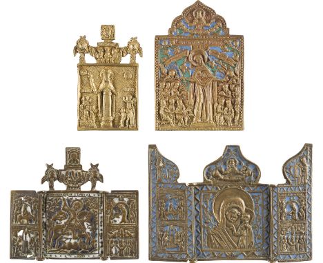 SAMMLUNG VON VIER BRONZE-IKONEN: GOTTESMUTTER 'FREUDE ALLER LEIDENDEN', GOTTESMUTTER VON KASAN SOWIE HEILIGER GEORG DER DRACH