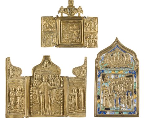 SAMMLUNG VON DREI BRONZE-IKONEN: GEBURT DER GOTTESMUTTER, SCHLEIERWUNDER (POKROW) SOWIE HEILIGER NIKOLAUS VON MOSCHAISK Russl