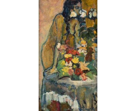 ILJA IWANOWITSCH MASCHKOW (ATTR.)1881 Michailowskaja am Don - 1944 MoskauFRAUENAKT MIT BLUMENBOUQUET Öl auf Leinwand. 46 x 25