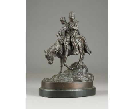 ALBERT MORITZ WOLFF1854 Berlin - 1923 LüneburgLIEBESPAAR ZU PFERD 1890er Bronze, vollplastisch gegossen und dunkel patiniert.