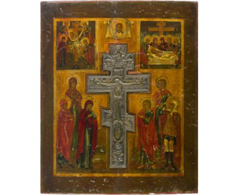GROSSE STAUROTHEK-IKONE MIT DER KREUZIGUNG CHRISTI, DER KREUZABNAHME UND DER GRABLEGUNG CHRISTI Russland, 19. Jh. Verbund zwe