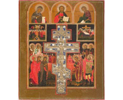 GROSSFORMATIGE STAUROTHEK MIT DER KREUZIGUNG CHRISTI UND DEESIS Russland, 19. Jh. Verbund von vier Brettern mit zwei profilie
