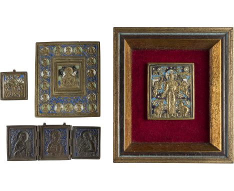 SAMMLUNG VON VIER BRONZE-IKONEN: SIGNIERTE IKONE MIT DER GOTTESMUTTER DES ZEICHENS SOWIE IKONEN MIT DARSTELLUNGEN CHRISTI UND