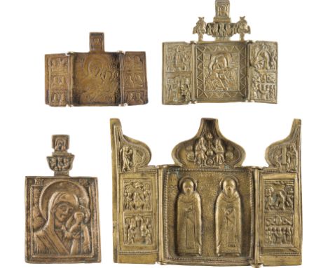 SAMMLUNG VON VIER BRONZE-IKONEN: DARSTELLUNGEN DER GOTTESMUTTER SOWIE HEILIGE BLASIUS UND AFANASIUS Russland, um 1700/um 1800