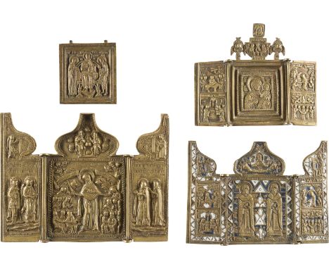 SAMMLUNG VON VIER BRONZE-IKONEN: DARSTELLUNGEN DER GOTTESMUTTER, HEILIGE BLASIUS UND AFANASIJ SOWIE DEESIS Russland, um 1700/
