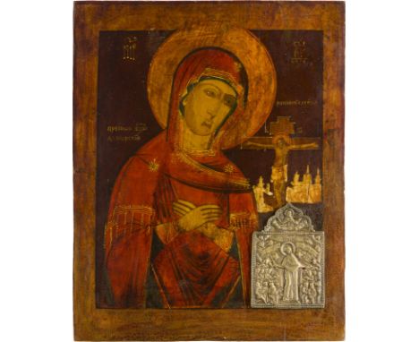IKONE MIT DER GOTTESMUTTER ACHTYRSKAJA (VON ACHTYRKA) MIT BRONZE-IKONE Russland, 19. Jh. Verbund zweier Bretter mit zwei Rück
