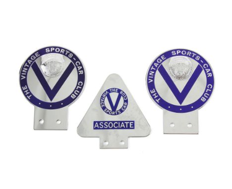 Three Vintage Sports-Car Club vehicle front grill badges - includes a pair of circular badges & a triangular Associate badge