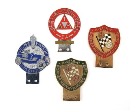 Four vehicle front grill badges - includes two Border Motor Racing Club (B.M.R.C) badges; red one with No.H110 engraved on ba
