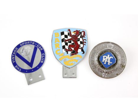 Three vehicle front grill badges - includes Vintage Sports-Car Club badge, one British Automobile Racing Club (B.A.R.C) with 