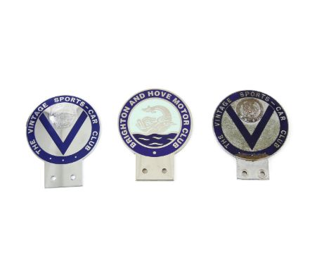 Three vehicle front grill badges - includes a pair of Vintage Sports-Car Club circular badges & a Brighton and Hove Motor Clu