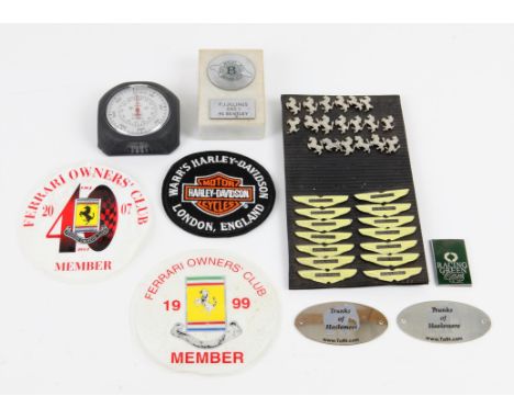 Assortment of vintage car memorabilia - includes a uncomplete set of small Ferrari & Aston Martin badge emblem's, a Harley-Da