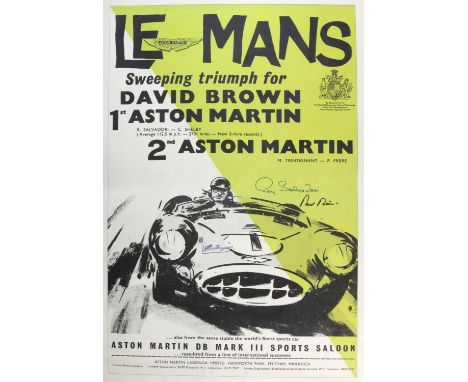 Le Mans Aston Martin poster of the victorious DBR1 - signed by Roy Salvadori and Trintignant and Shelby (40x25 inches). 