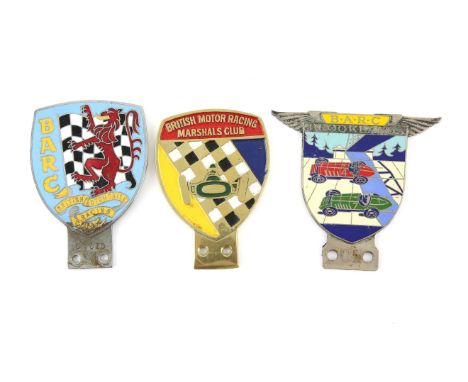 Three vehicle front grill badges - includes a British Motor Racing Marshals Club with No.K20 engraved on back, one British Au