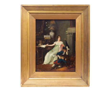 Graham, 19th century oil on panel - charming interior scene of a lady watching her two sons wearing military uniforms, playin