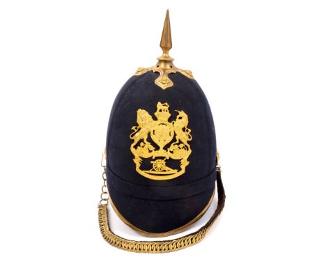 Victorian 1878 pattern Royal Artillery Officers' blue cloth helmet with gilt fittings and helmet plate, replacement spike fit