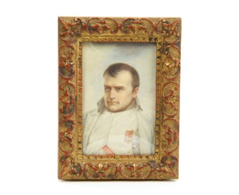 Attributed to P. Petrowski, miniature on ivory - Portrait of Napoleon in uniform wearing orders, in glazed gilt frame, 12cm x